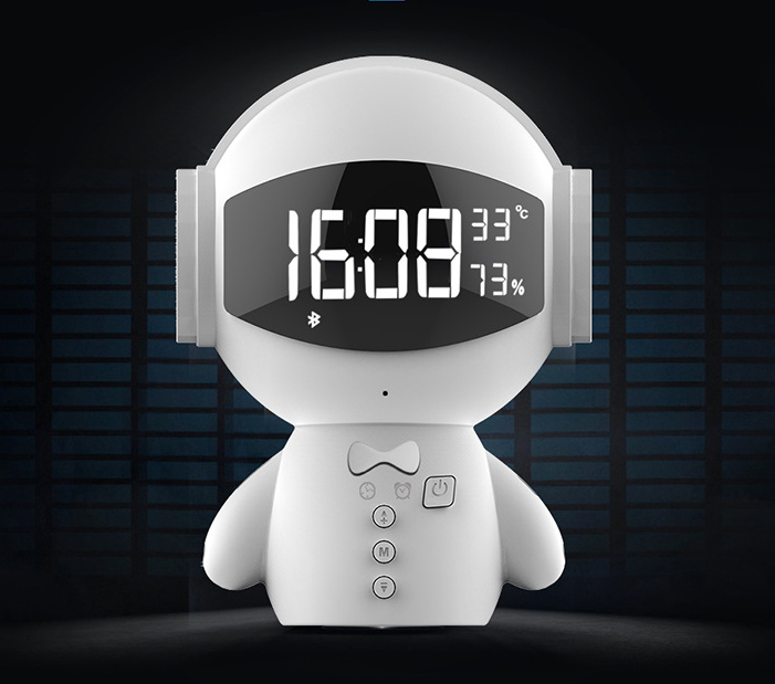 Robot Alarm Clock Speaker – Mini Bluetooth Speaker with Digital Clock & Night Light